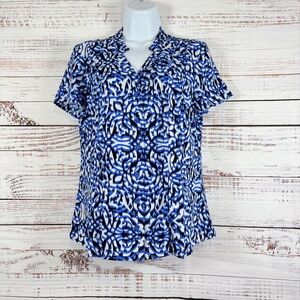 Dana Buchman Blue Geometric Print Button Front Short Sleeve Blouse